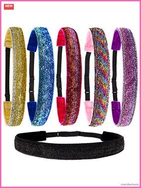 6 Glitter Non Slip Adjustable Headbands for Girls, Kids, Teens, Women